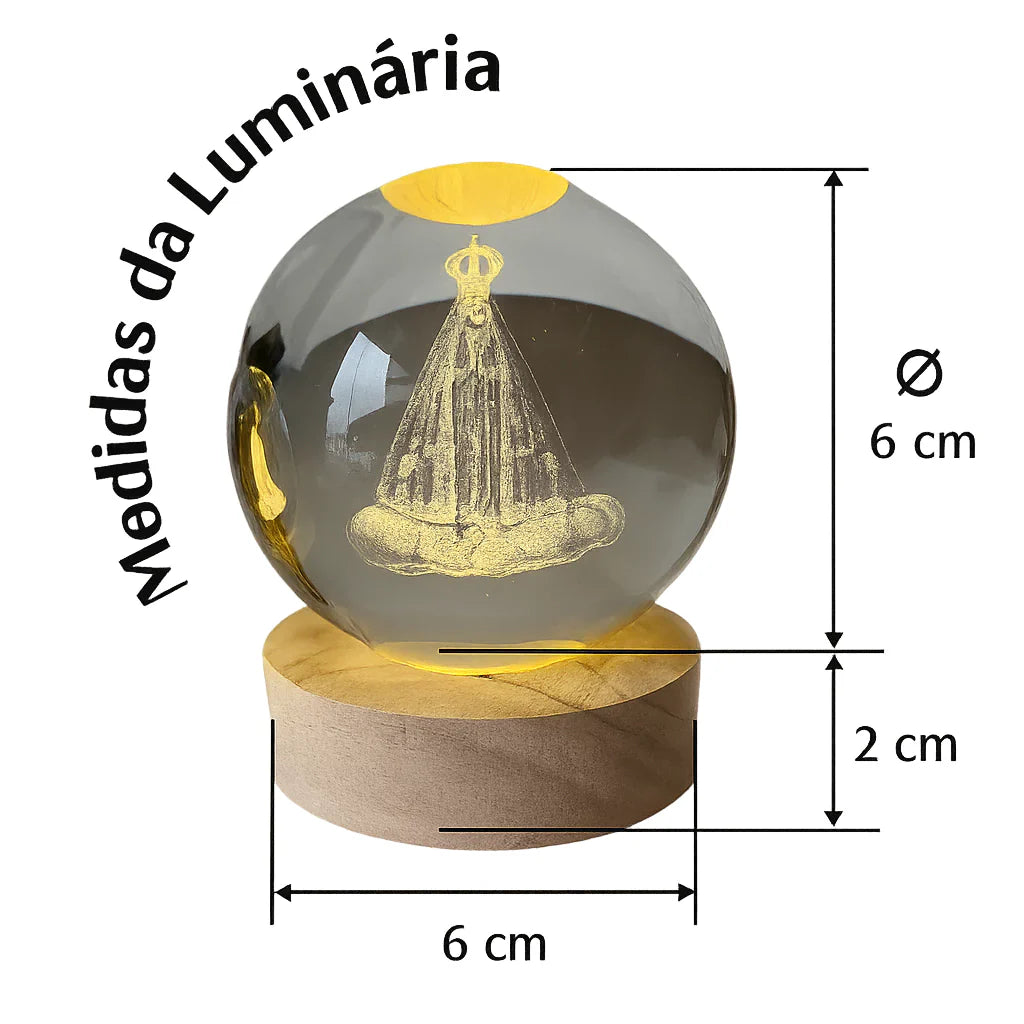 Luminária LED de Cristal Nossa Senhora Aparecida – Base de Madeira